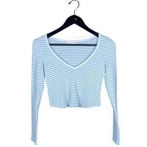 LA Hearts Shirt Womens Small Blue/Wht Striped LS Cropped V-Neck Casual Summer